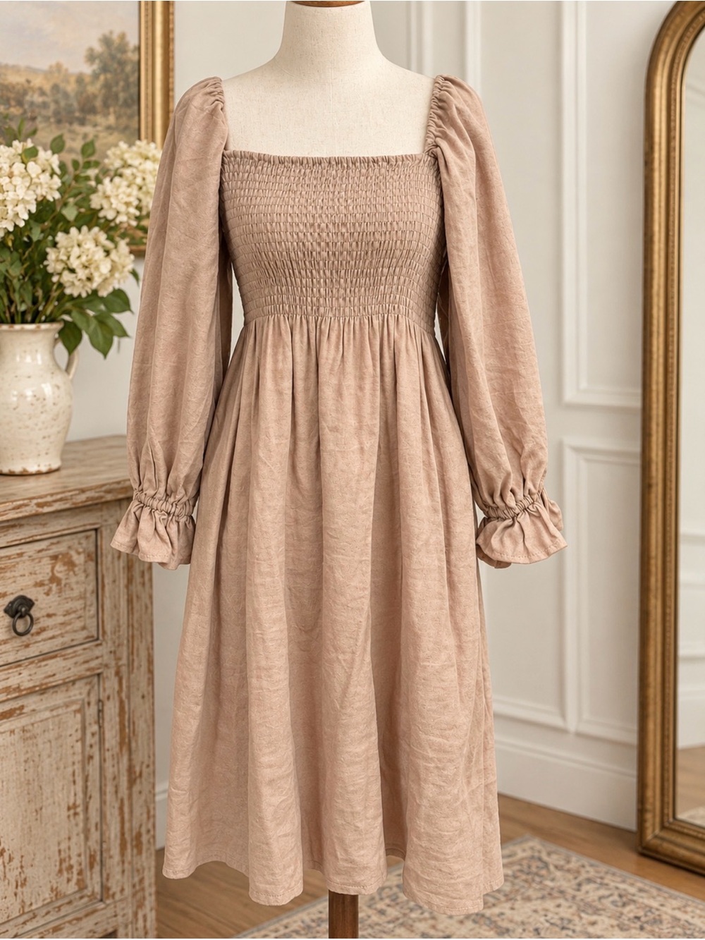 Kourt Smocked Mini Dress in Tan Flax - Size Large